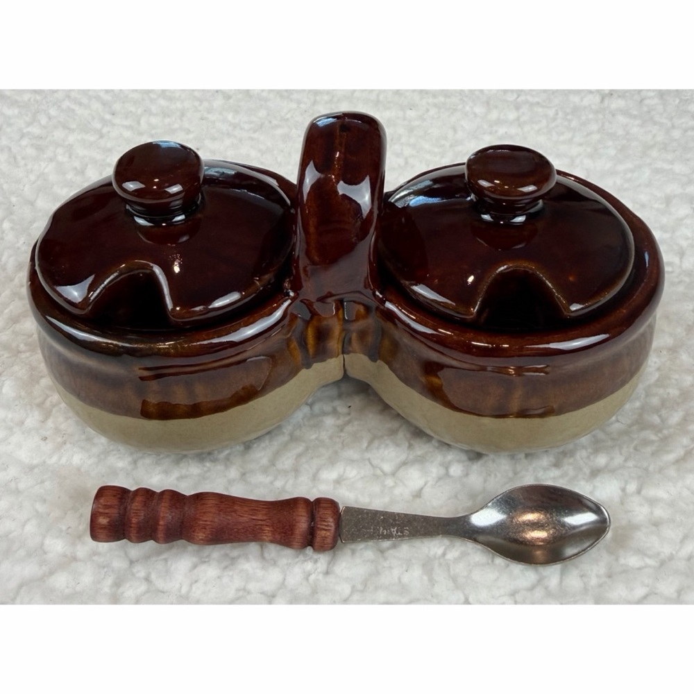 (VTG) Brown/Tan Ceramic Double Condiment Caddy Dish with Spoon - Picture 2 of 15